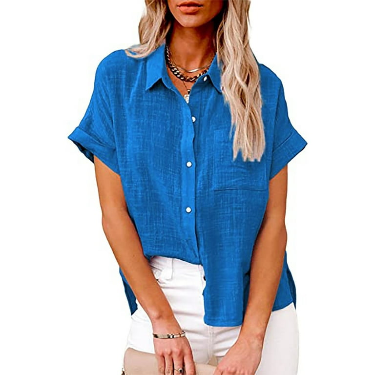 YYDGH Button Down Shirts for Women Linen Solid Color Short Sleeve Blouse V  Neck Collared Tops with Pocket Light Blue L
