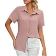 thumbnail image 1 of YYDGH Button Down Shirts for Women Solid Color Short Sleeve Blouse V Neck Collared Tops Pink M, 1 of 6