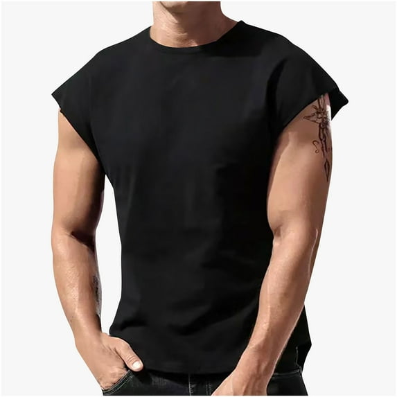 YYDGH Cap Sleeve T-Shirts for Men Solid Color Muscle Cut Performance Casual Workout Vests Gym Active Loose Bodybuilding Sport Tops Black 3XL