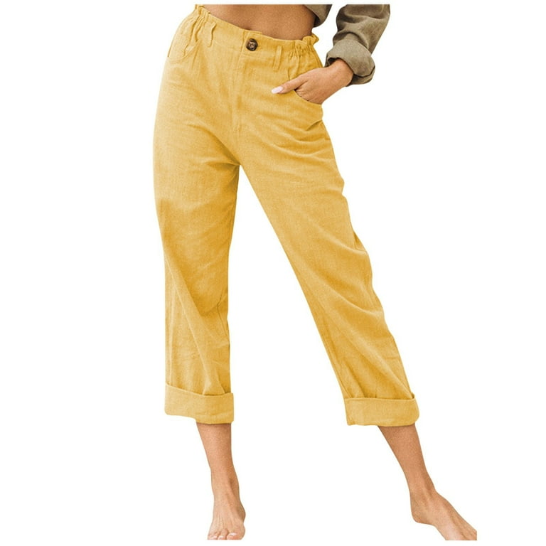 YYDGH Capri Pants For Women Casual Classic Cotton Linen Cropped Pants Spring Fashion All Match Solid Color Trousers Yellow XL
