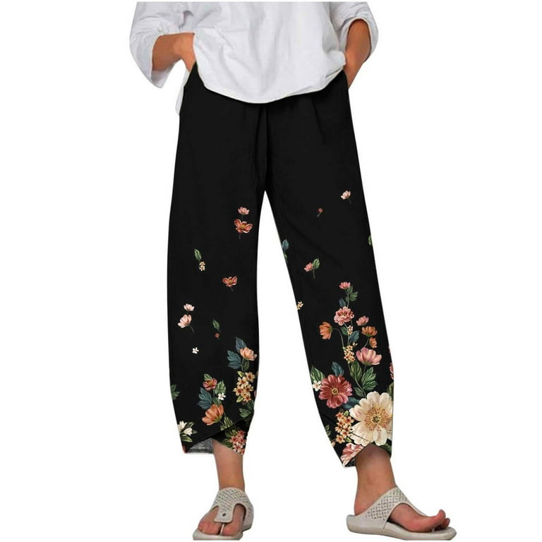 YYDGH Capri Pants for Women Palazzo Lounge Pants Wide Leg Printed Cropped  Bottoms Baggy Trousers Sweatpants with Pockets Black-1 L