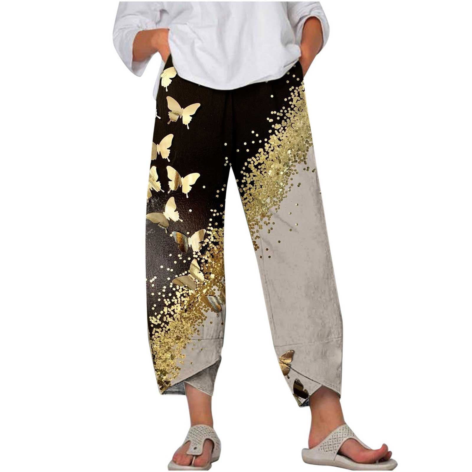 YYDGH Capri Pants for Women Palazzo Lounge Pants Wide Leg Printed Cropped  Bottoms Baggy Trousers Sweatpants with Pockets White Glod S 