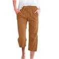 thumbnail image 1 of YYDGH Capri Pants for Womens Summer Cotton Linen Solid Color Casual Cropped Trousers Elastric Waist Drawstring with Pockets Coffee L, 1 of 5