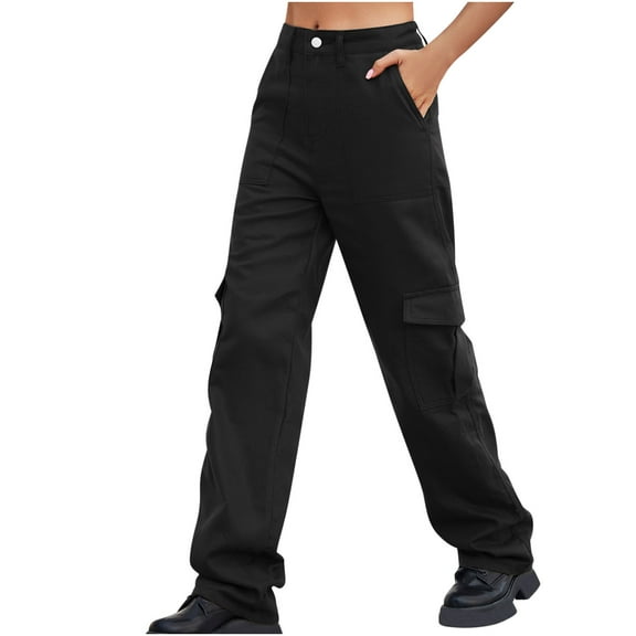 YYDGH Cargo Pants for Women Casual Loose High Waisted Straight Leg Baggy Pants Trousers with Pockets Black Black