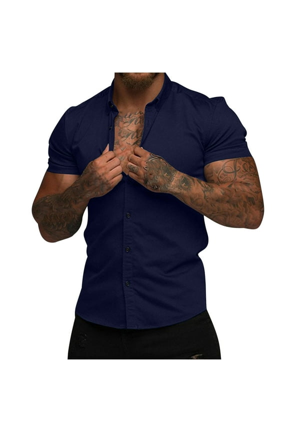 Casual Men's Muscle Fit Dress Shirts Short Sleeve Athletic Fit Button Down Shirts(Navy,L)