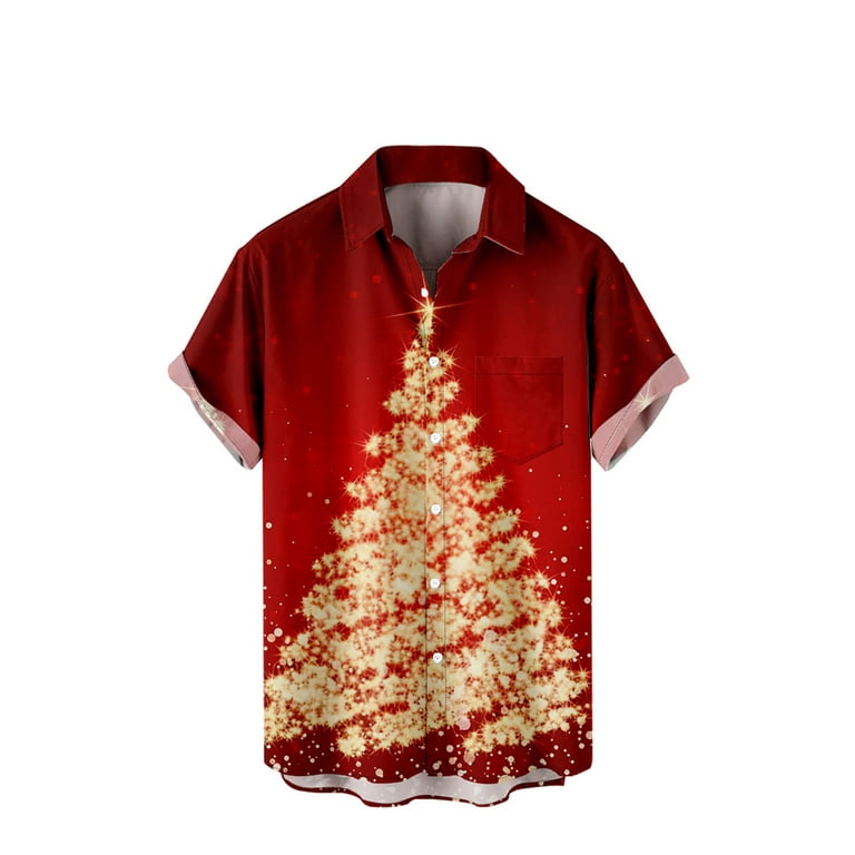 YYDGH Christmas Plus Size Button Up Shirt for Men's Short Sleeve Xmas Tree  Party Tropical Hawaiian Shirts Funny Dress Shirts Red L 