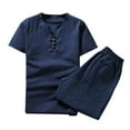 thumbnail image 1 of YYDGH On Clearance Men's Two Pieces Linen Cotton Outfits Sets Solid Short Sleeve Long Pants Tracksuit Casual Pajamas Set Plus Size Beach Sweatsuit(Navy,5XL), 1 of 1