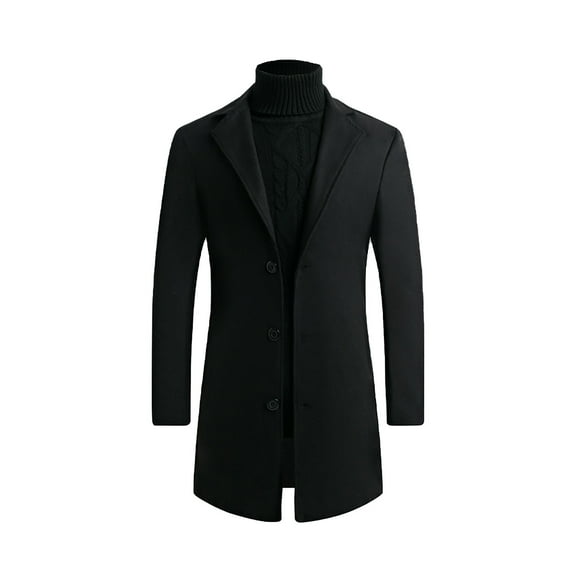 YYDGH Mens Single Breasted Plus Size Trench Coat Winter Wool Blend Pea Coat Oversized Warm Lapel Work Business Jacket Outerwear Black M