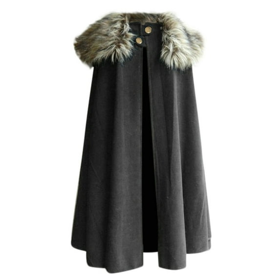 YYDGH Plus Size Cloak Coat For Men, Men's Winter Warm Gothic Wool Faux Fur Collar Long Cape Cloak Vintage Loose Coat Gray XL