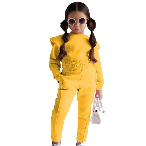 YYDGH Toddler Kids Girls Fleece Tracksuits Set Solid Color Long Sleeve Crewneck Pullover Sweatshirts Elastic Waist Pants and Tops Set(Yellow,2-3 Years)