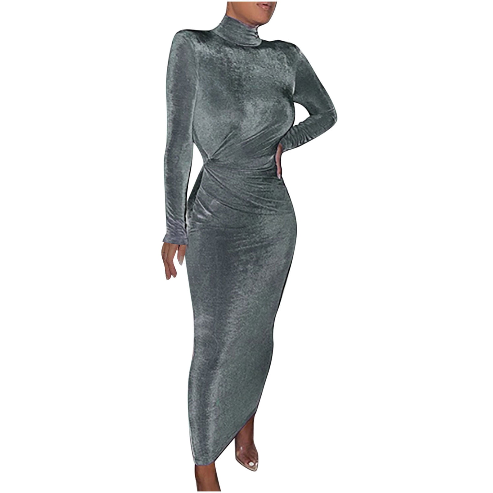 YYDGH Women's Turtleneck Velvet Maxi Dress Long Sleeve Casual Wide Shoulder  Pad Ruched Slim Fitted Dress High Neck Bodycon Dresses(Dark Gray,L) -  Walmart.com