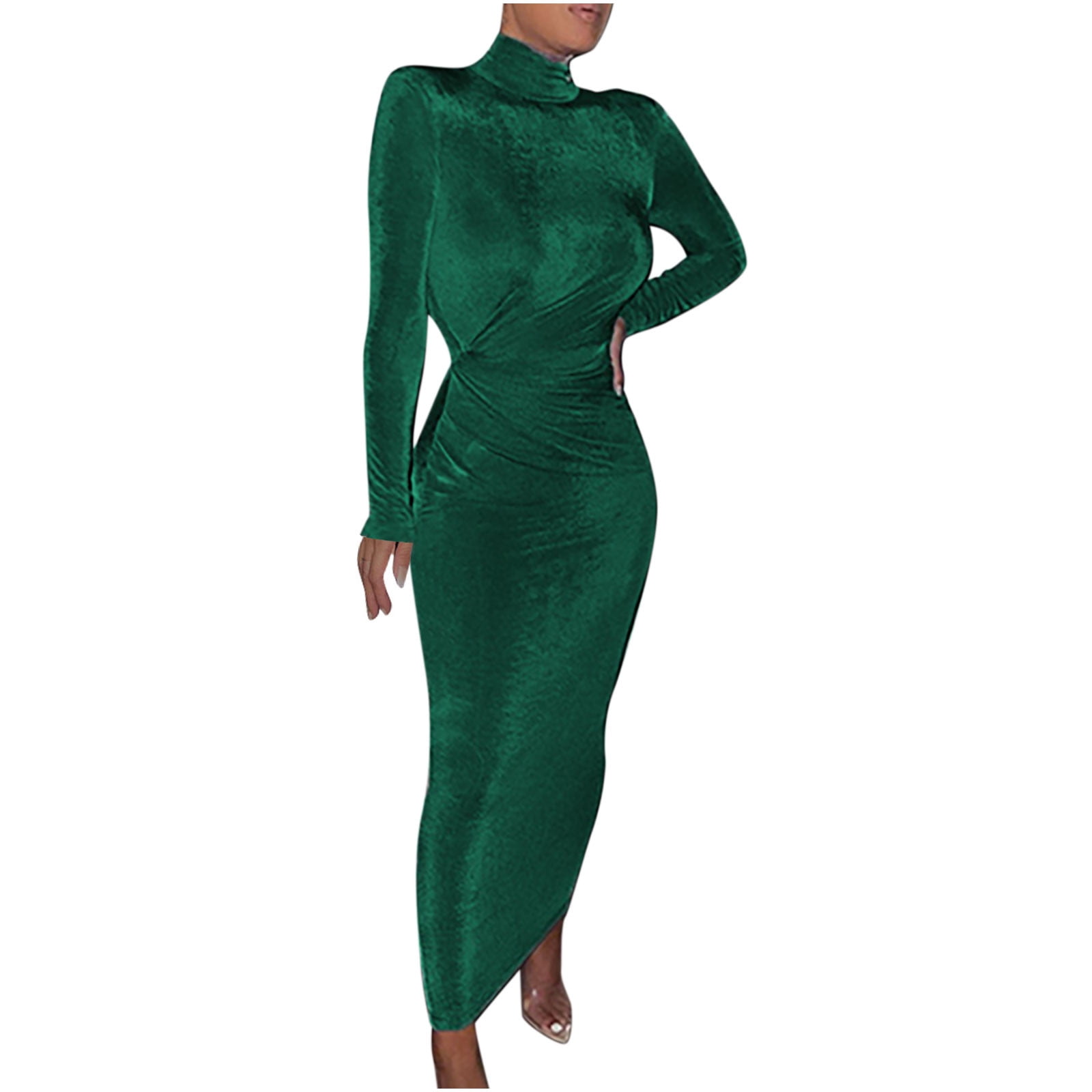 green velvet turtleneck dress Galanos for Amen Wardy 1980s Green Velvet Belted Dress main image 1