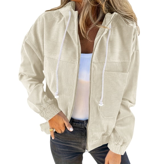 YYDGH Corduroy Hooded Jacket Women Long Sleeve Zip Up Drawstring Shacket Jackets Casual Loose Fit Fall Winter Coats Boyfriend Outerwear