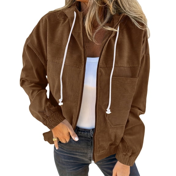 YYDGH Corduroy Hooded Jacket Women Long Sleeve Zip Up Drawstring Shacket Jackets Casual Loose Fit Fall Winter Coats Boyfriend Outerwear