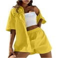 thumbnail image 1 of YYDGH Cotton Linen Short Sets for Women 2 Piece Outfits Short Sleeve Button Down Shirts Shorts Lounge Beach Vacation Summer Tracksuits Yellow S, 1 of 5