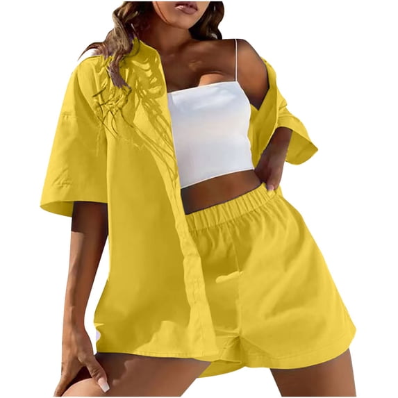 YYDGH Cotton Linen Short Sets for Women 2 Piece Outfits Short Sleeve Button Down Shirts Shorts Lounge Beach Vacation Summer Tracksuits Yellow S