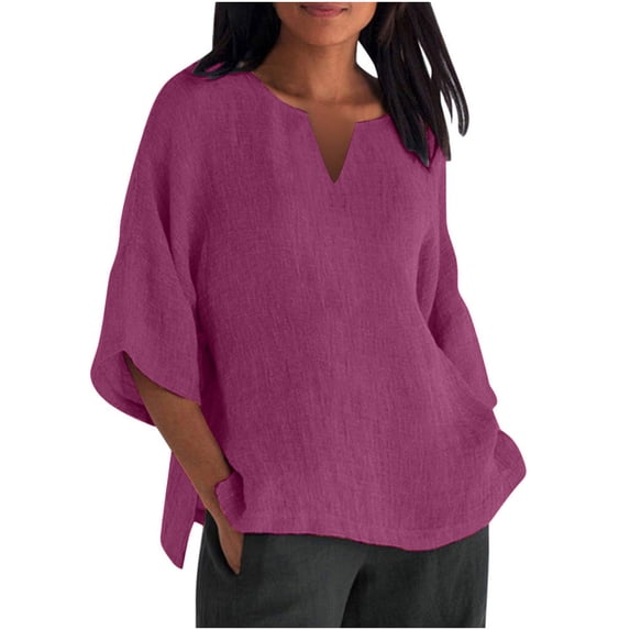 YYDGH Cotton Linen Tops for Women Oversized Half Sleeve V Neck Blouses Summer Basic Solid Color Tunic Tops Linen Shirts Purple Pink M