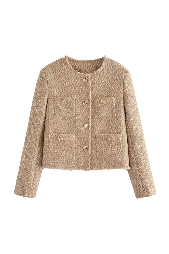 Crop Tweed Blazer Jacket Women Collarless Open Front Button Down Business Work Casual Wool Jacket Coat Beige XS