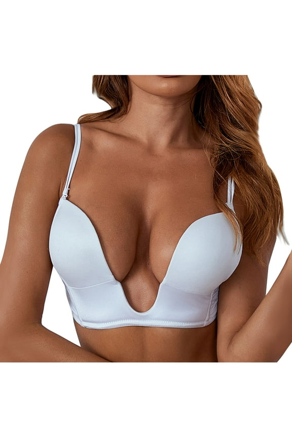 Deep V Plunge Bras for Women Convertible Low Back Invisible Magic Wire Bra U Shaped Push Up Bra White 3XL