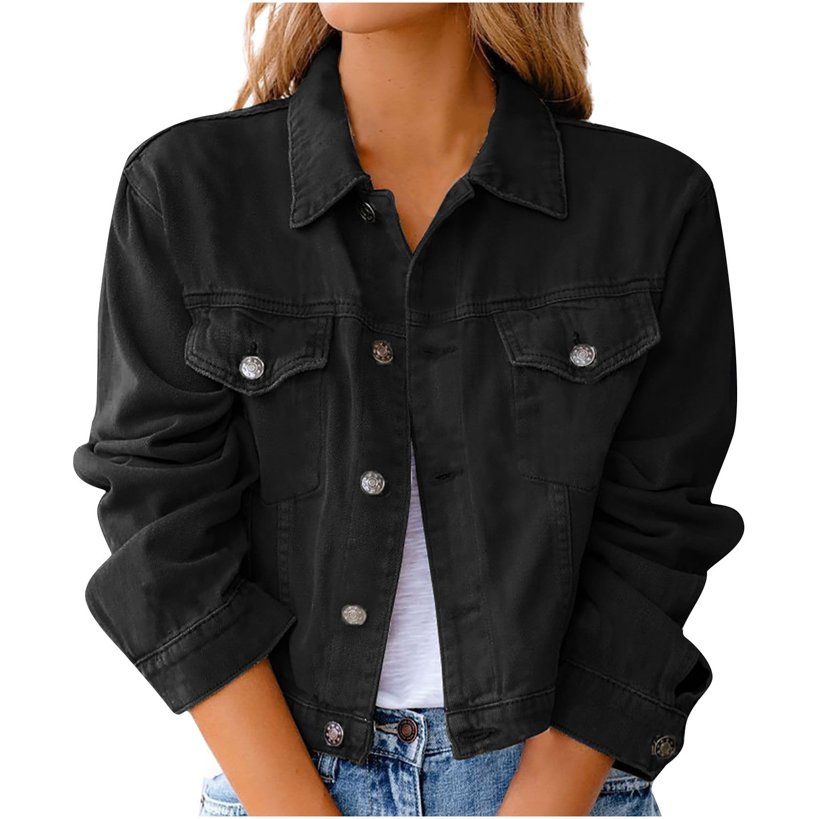 YYDGH Denim Jacket for Women 2023 Crop Jean Jackets Button Up Chest Pockets  Vintage Western Trucker Jacket Coat Daily Streetwear White M