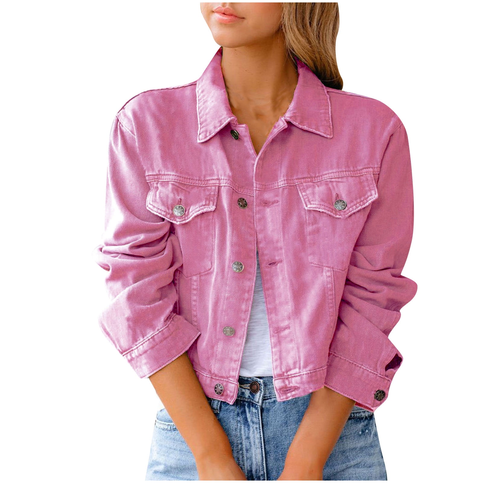 YYDGH Jean Jacket for Women Fashion Casual Denim Jacket Long Sleeve Button  Down Chest Pockets Coat Daily Streetwear Light Blue S