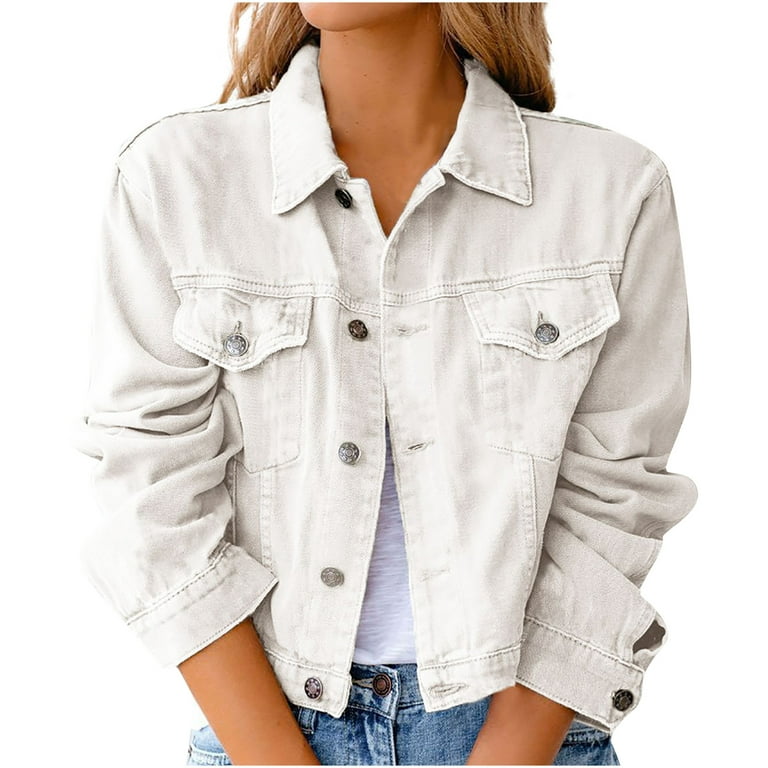 YYDGH Denim Jacket for Women 2023 Crop Jean Jackets Button Up Chest Pockets  Vintage Western Trucker Jacket Coat Daily Streetwear White M