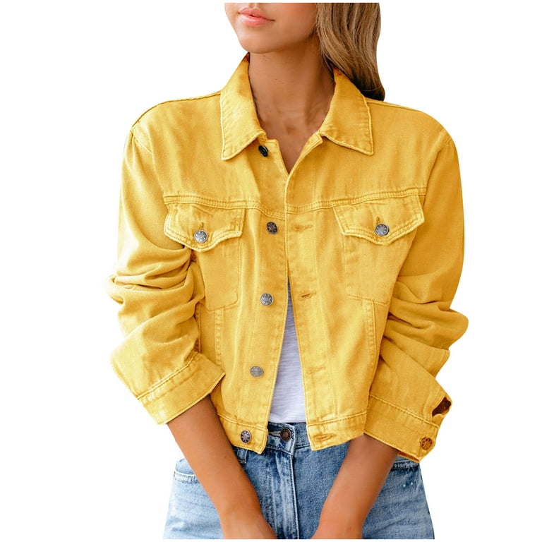 YYDGH Denim Jacket for Women 2023 Crop Jean Jackets Button Up Chest Pockets  Vintage Western Trucker Jacket Coat Daily Streetwear Yellow XXL