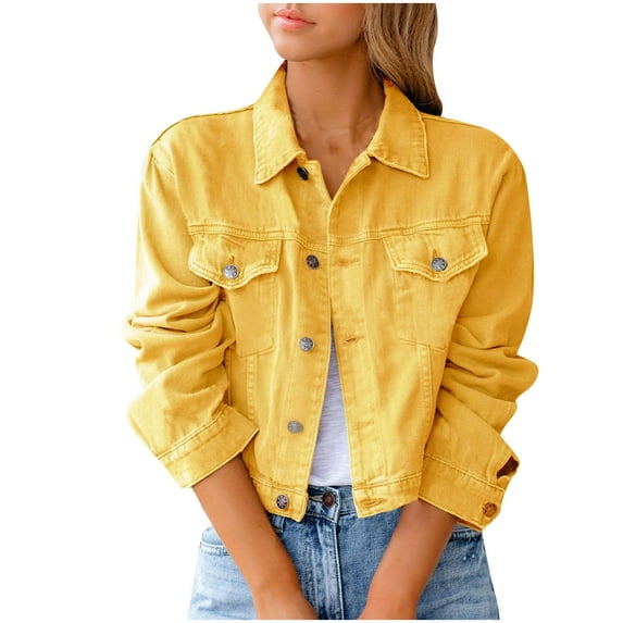 YYDGH Denim Jacket for Women Crop Jean Jackets Button Up Chest Pockets Vintage Western Trucker Jacket Coat Daily Streetwear Yellow XL