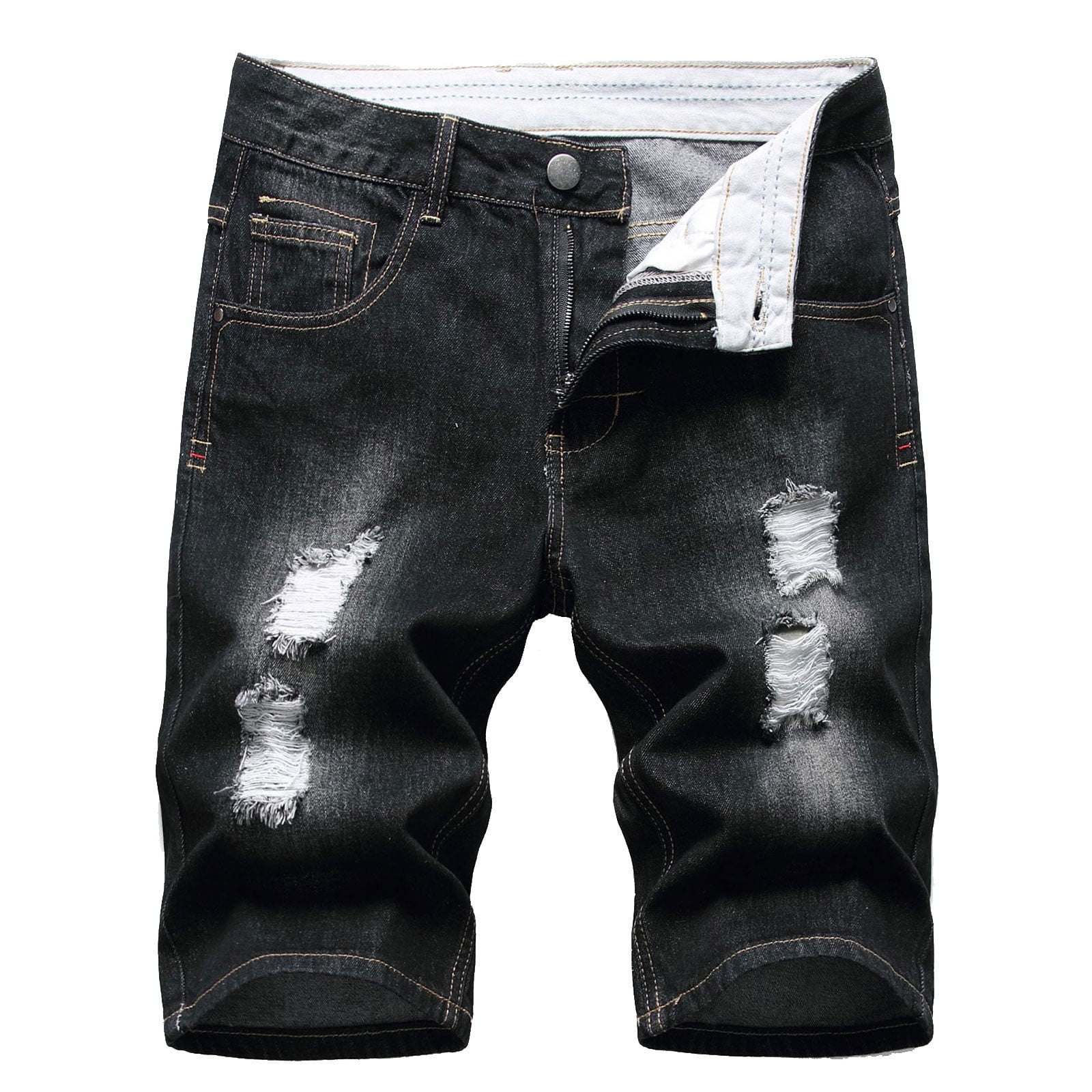 YYDGH Denim Shorts for Men Summer Vintage Washed Ripped Distressed Straight  Fit Knee Length Casual Jean Shorts Black XL