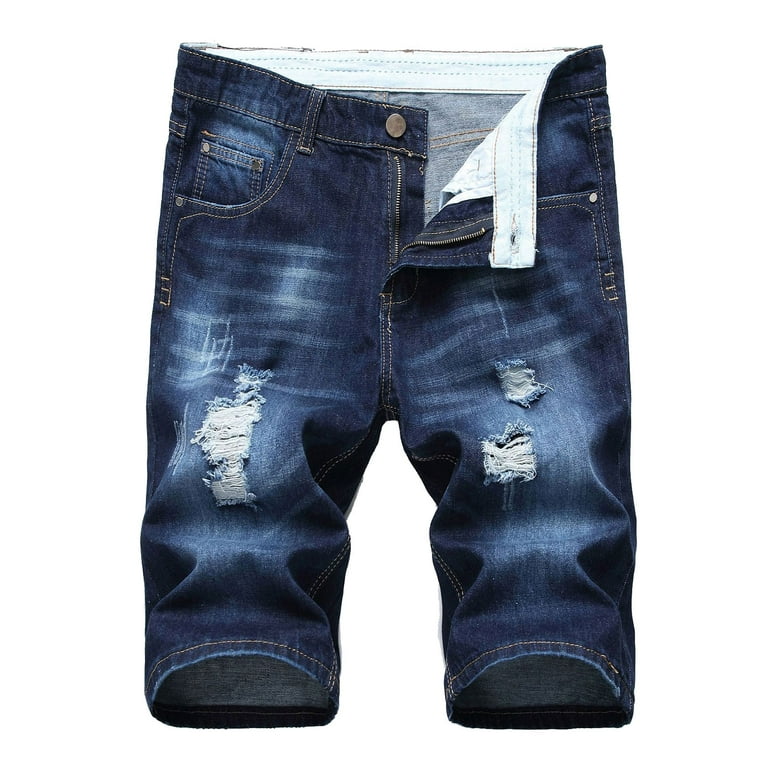YYDGH Denim Shorts for Men Summer Vintage Washed Ripped Distressed Straight  Fit Knee Length Casual Jean Shorts Dark Blue M