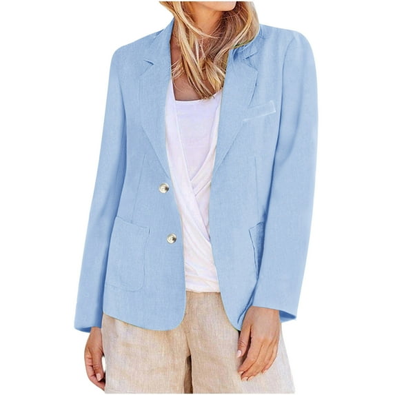 YYDGH Fall Linen Blazer Women Long Sleeve Lightweight Suit Jacket Elegant Casual Cotton Blend Work Blazers Cardigan Light Blue 4XL
