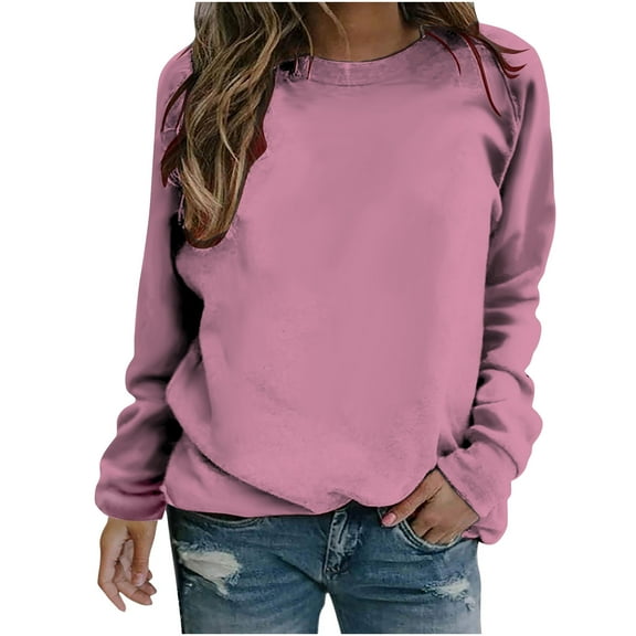 YYDGH Fall Sweatshirts Tops for Women Crew Neck Long Sleeve Casual Pullover Solid Color Cute Lightweight Loose Blouses Pink S