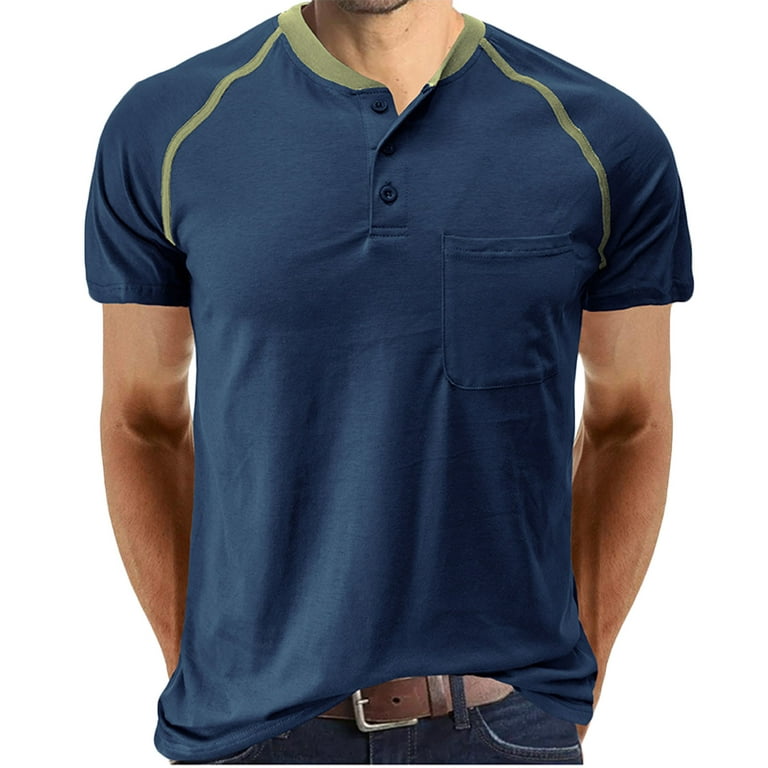 YYDGH Fashion Men's Henley Shirts Classic Short Sleeve Basic Button Cotton  T-Shirt with Pocket Blue XL