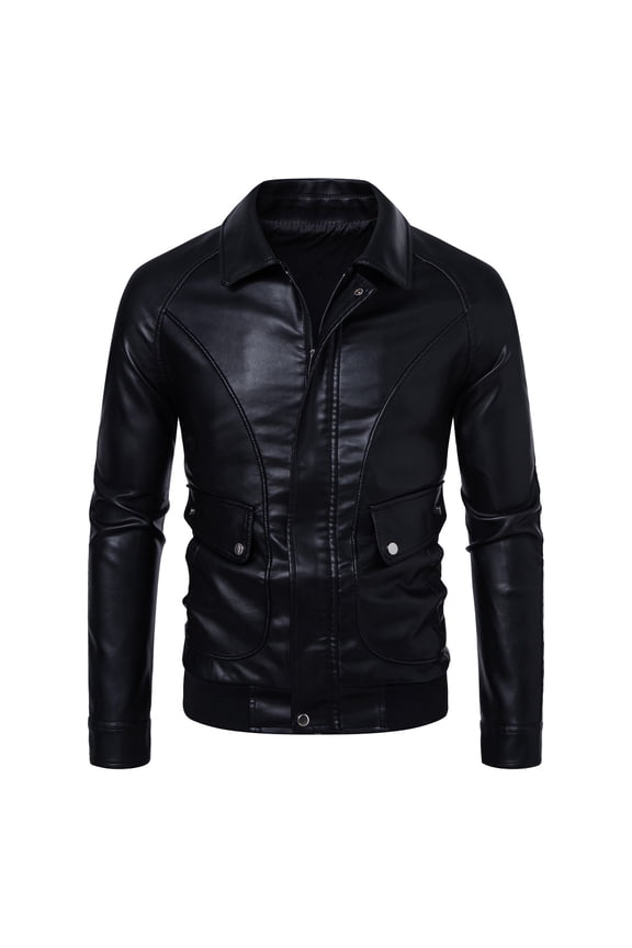 Faux Leather Jacket Men Lightweight Bomber Jackets Motorcycle Vintage Lapel Full Zip Coats with Pockets Black S