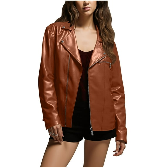 YYDGH Faux Leather Jacket for Women Plus Size Bomber Motorcycle Zip Up Notched Lapel Coats Fall Fashion Winter Outfits