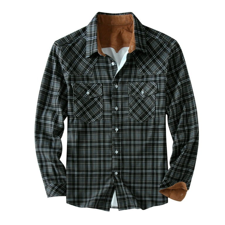 YYDGH Flannel Shirt for Men Long Sleeve Casual Button-Down Regular Fit  Plaid Shirts Casual Slim Fit Warm Lapel Jackets Black XXL 