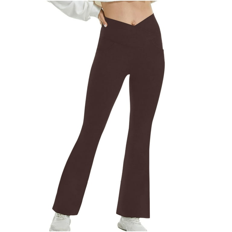 YYDGH Flare Yoga Pants for Women V Crossover High Waisted Pants Casual  Workout Bell Bottom Leggings Sweatpants Brown XXL 