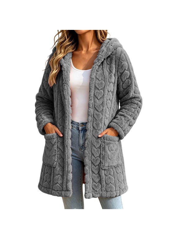 Fleece Hooded Jackets Women Heart Pattern Fuzzy Open Front Cardigan Jacket Sherpa Warm Winter Coat Outerwear with Patch Pockets