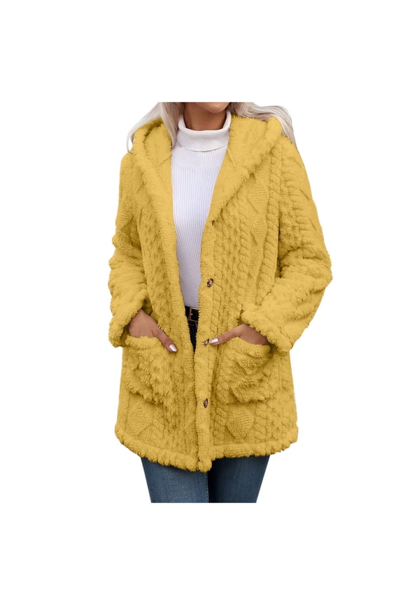 Fleece Jacket for Women Winter Warm Button Down Hooded Coat Casual Soft Lightweight Fall Teddy Outerwear Fuzzy Coats