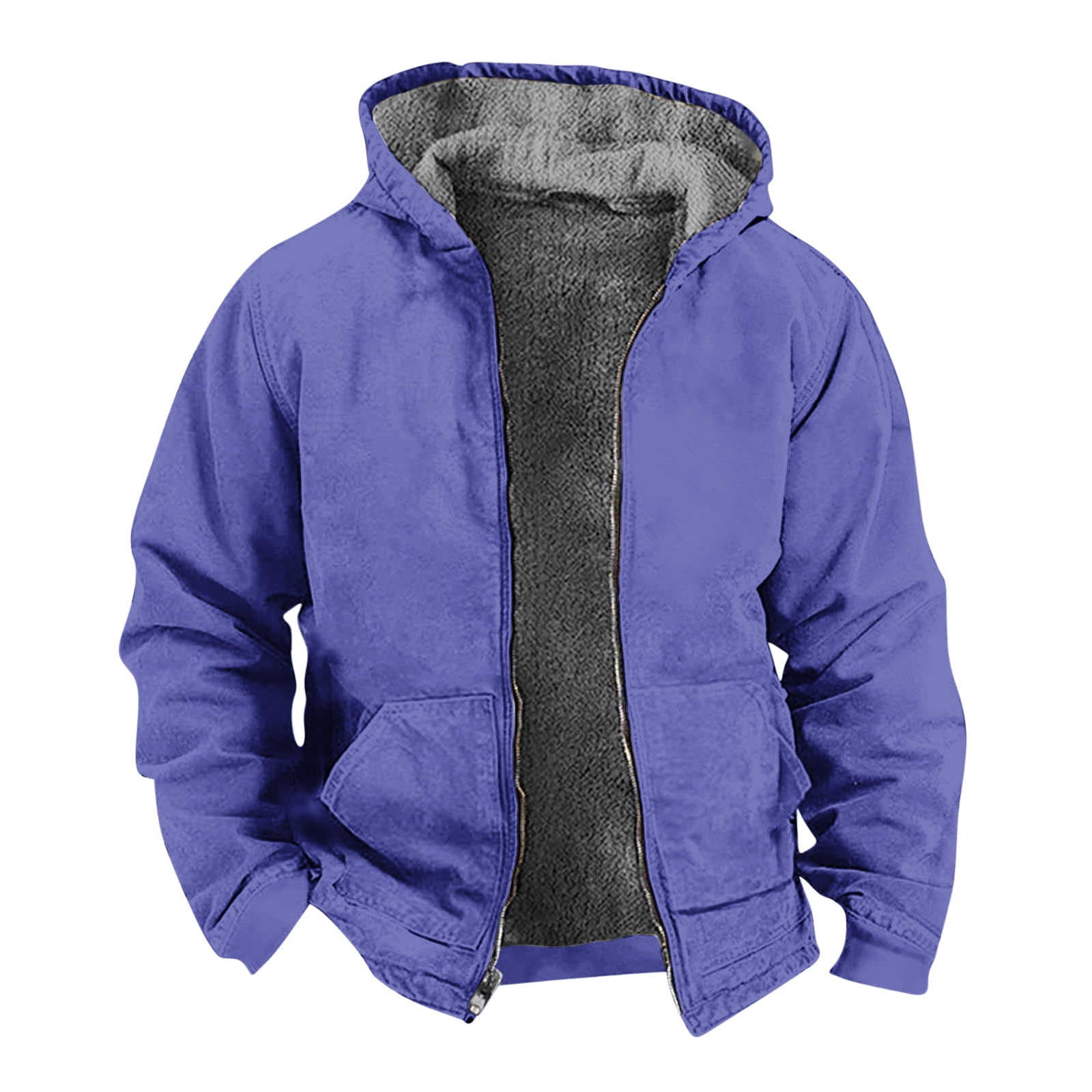 Mens Check Fleece Lining Hooded Jacket Warm Zip Up Coat Tops Sport