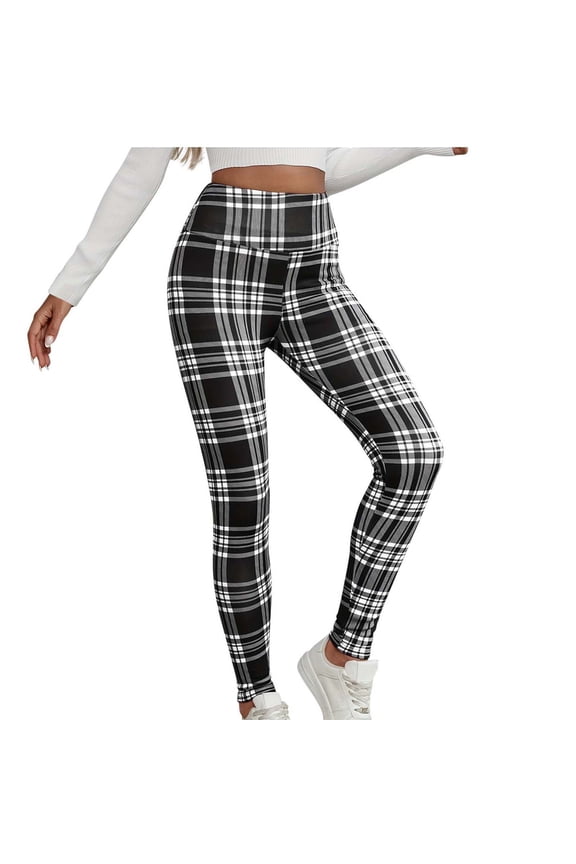 Fleece Lined Leggings Women Plaid High Waisted Winter Warm Yoga Pants Casual Thermal Leggings with Pockets
