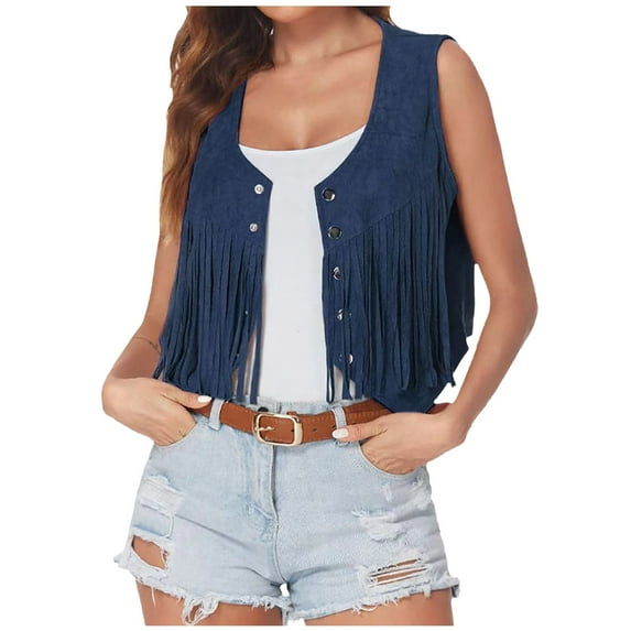 YYDGH Fringe Vest Cardigans for Women Faux Suede Open Front Vintage Vest Jacket Sleeveless 70s Hippie Boho Western Waistcoat Outwear Navy Blue XL