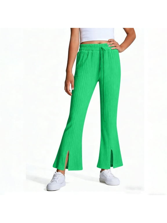 Girls Flare Pants Ribbed Split Hem Elastic Waist Summer Lightweight Casual Bell Bottom Trousers