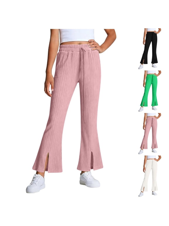 Girls Flare Pants Ribbed Split Hem Elastic Waist Summer Lightweight Casual Bell Bottom Trousers