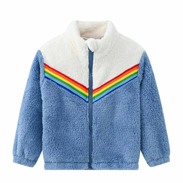 YYDGH Girls Zipper Jacket Fuzzy Sweatshirt Long Sleeve Casual Cozy Fleece Sherpa Outwear Coat Full-Zip Rainbow Jackets(Blue,3-4 Years)