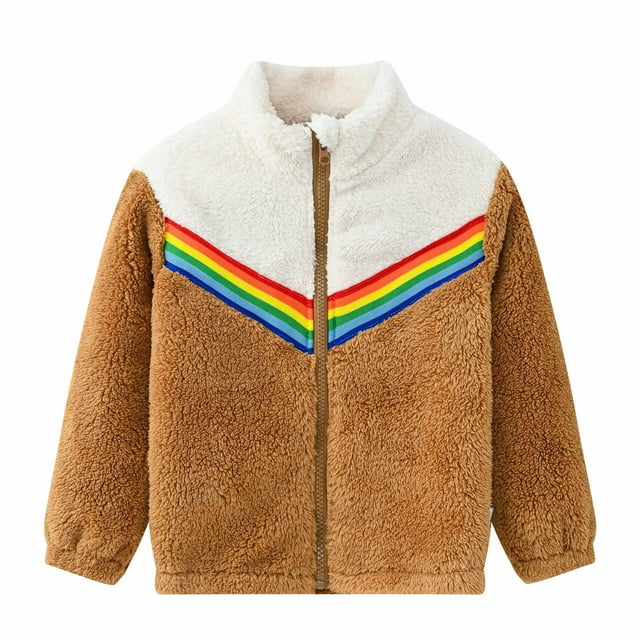 YYDGH Girls Zipper Jacket Fuzzy Sweatshirt Long Sleeve Casual Cozy Fleece Sherpa Outwear Coat Full-Zip Rainbow Jackets(Khaki,4-5 Years)