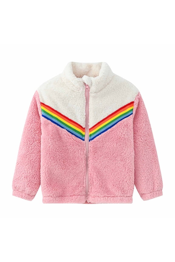 Girls Zipper Jacket Fuzzy Sweatshirt Long Sleeve Casual Cozy Fleece Sherpa Outwear Coat Full-Zip Rainbow Jackets(Pink,5-6 Years)