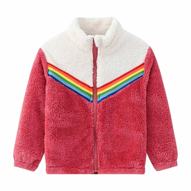 YYDGH Girls Zipper Jacket Fuzzy Sweatshirt Long Sleeve Casual Cozy Fleece Sherpa Outwear Coat Full-Zip Rainbow Jackets(Red,2-3 Years)