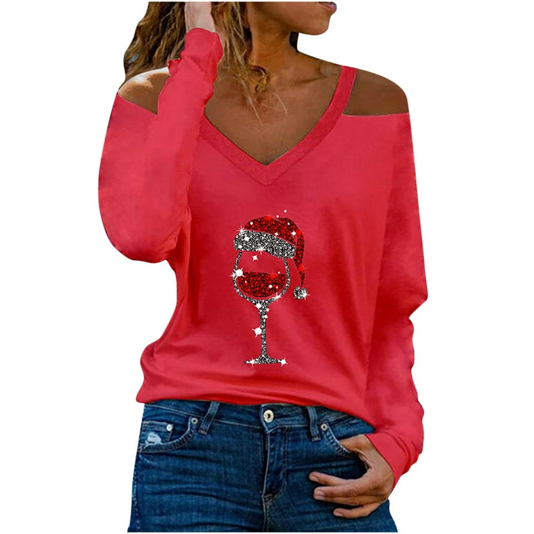 YYDGH Going Out Tops for Women V-Neck Long Sleeve T-Shirt Autumn Christmas  Printing Cold Shoulder Loose Blouse Tops(Red,L)