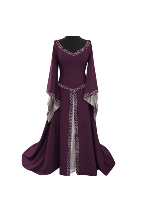 Gothic Maxi Dress for Women Renaissance Medieval Costume Dress Long Sleeve Spring Dresses V-Neck Floor Length Dress Purple XXL